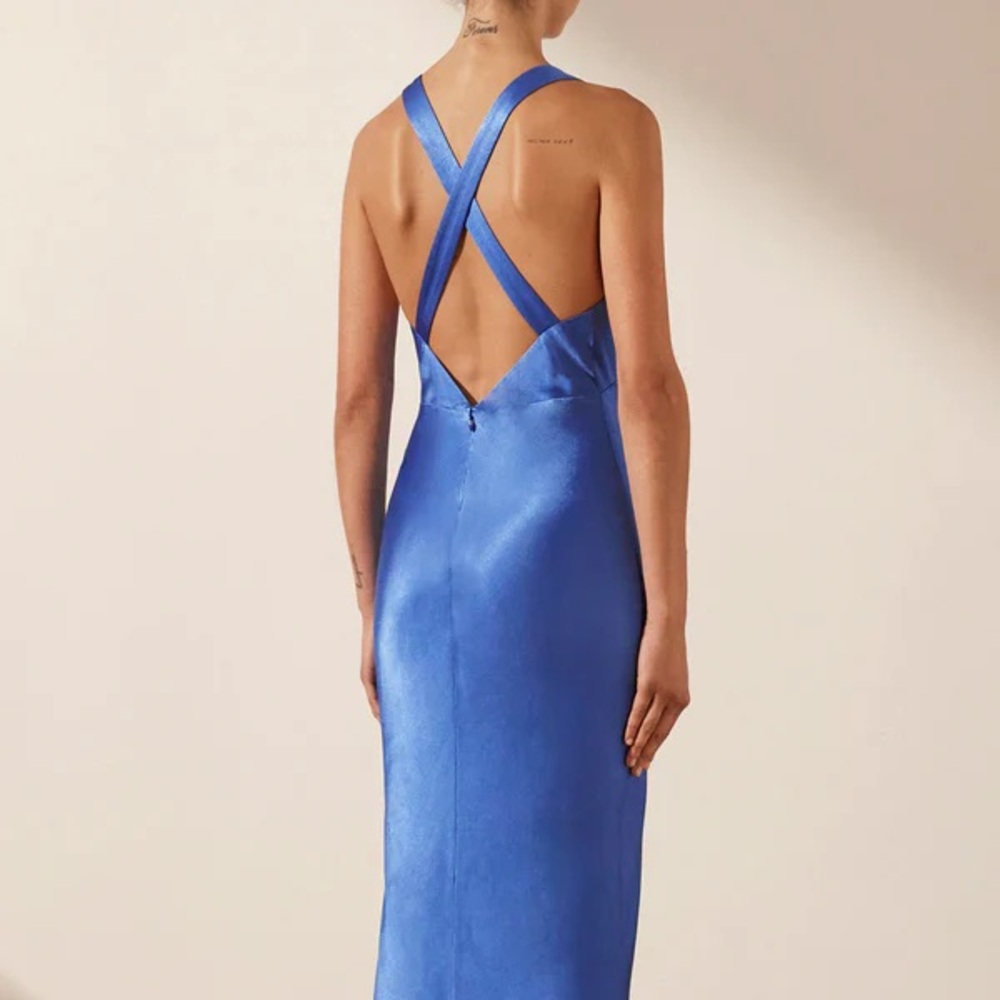 Shona Joy Oliviera - Blue Satin Cross Back Plunge Dress